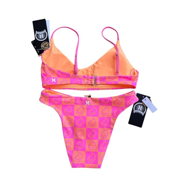 🌸 Hurley Smiley Checker Bikini Set XS Neon Pink Orange Swim Top & Bottom - Picture 6 of 7
